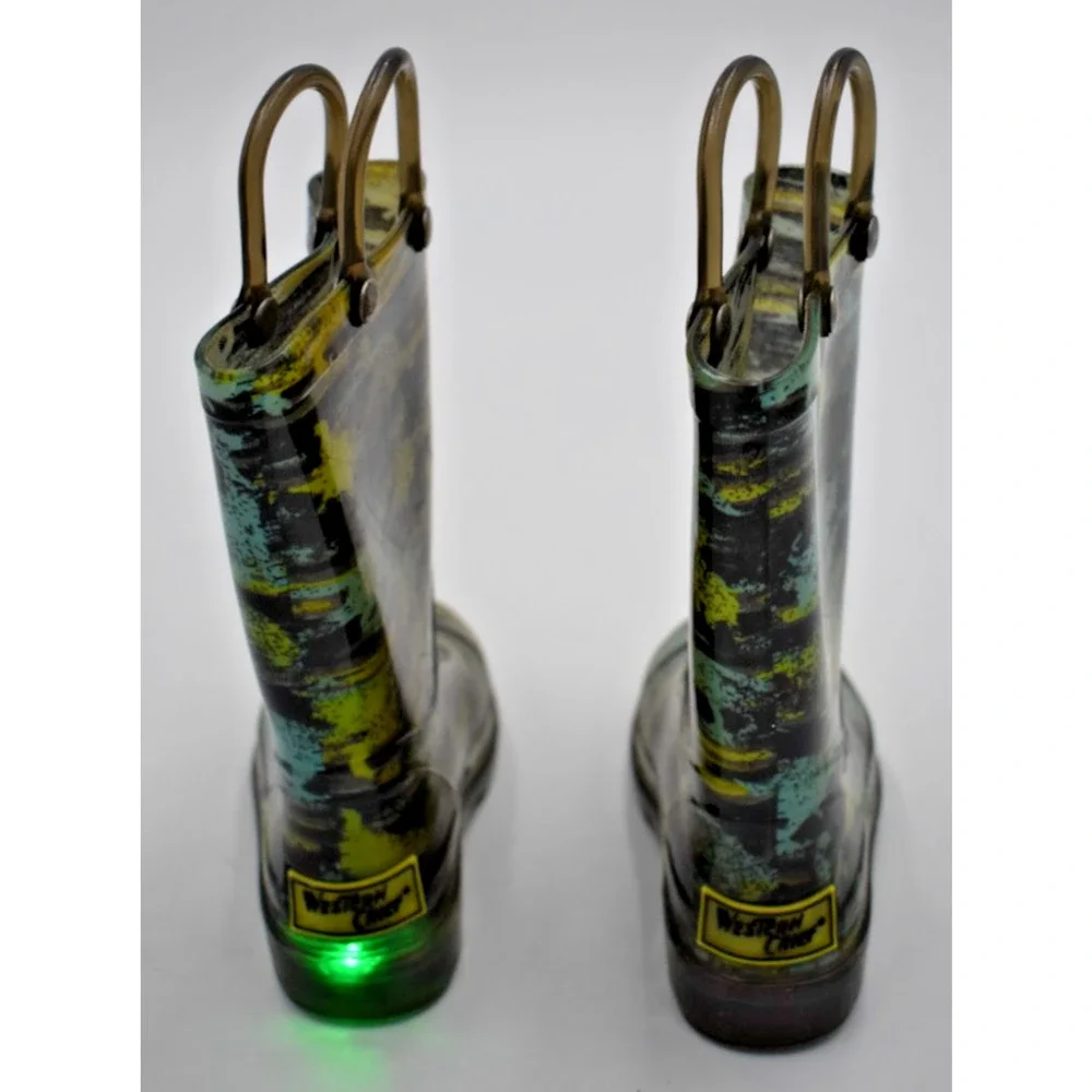 WESTERN CHIEF Light Up Rain Boots - Brush Stripe Green & Blue - US Toddler 6